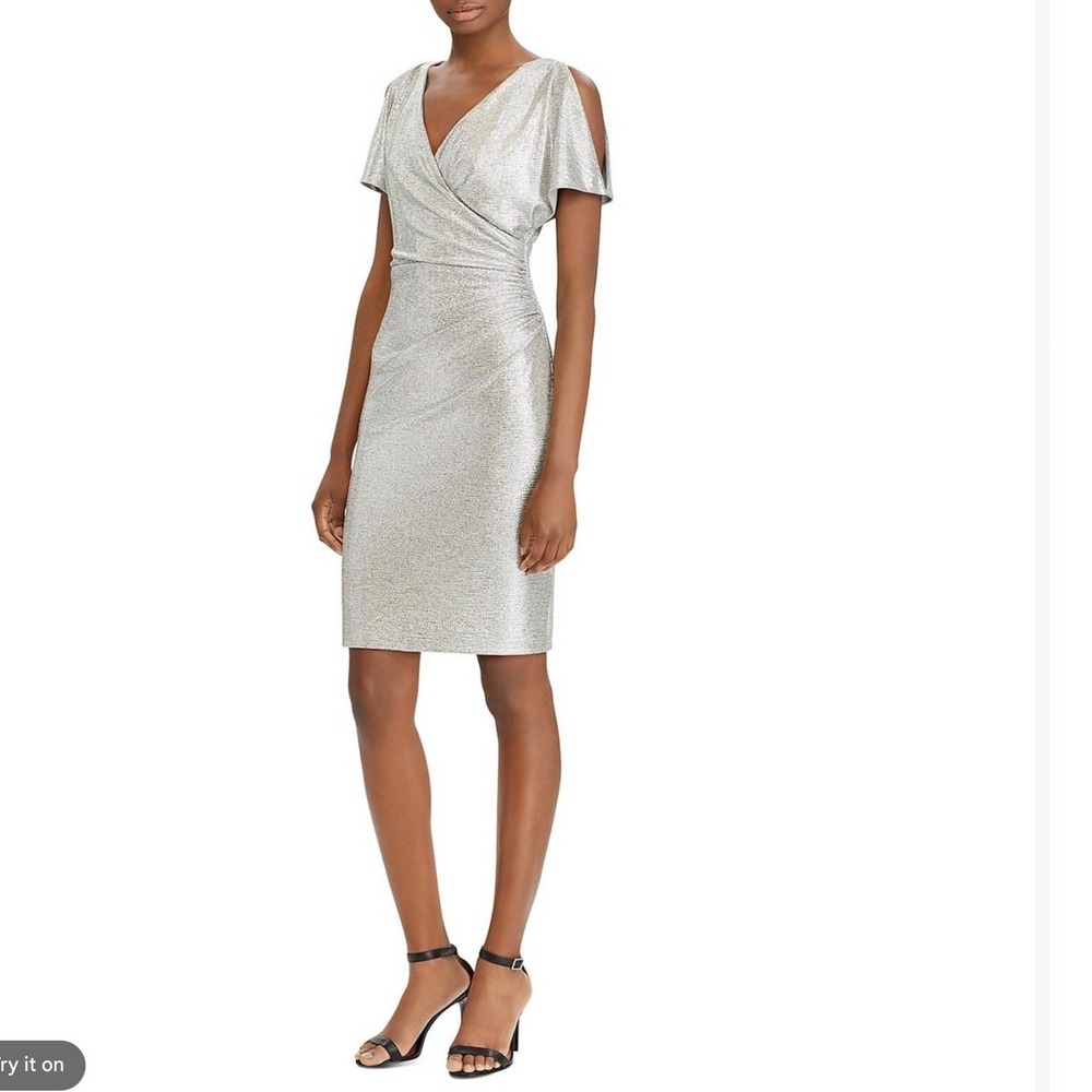 NEW Ralph Lauren Womens Sheath Dress 14 Silver Metallic Cold Shoulder Party MOB